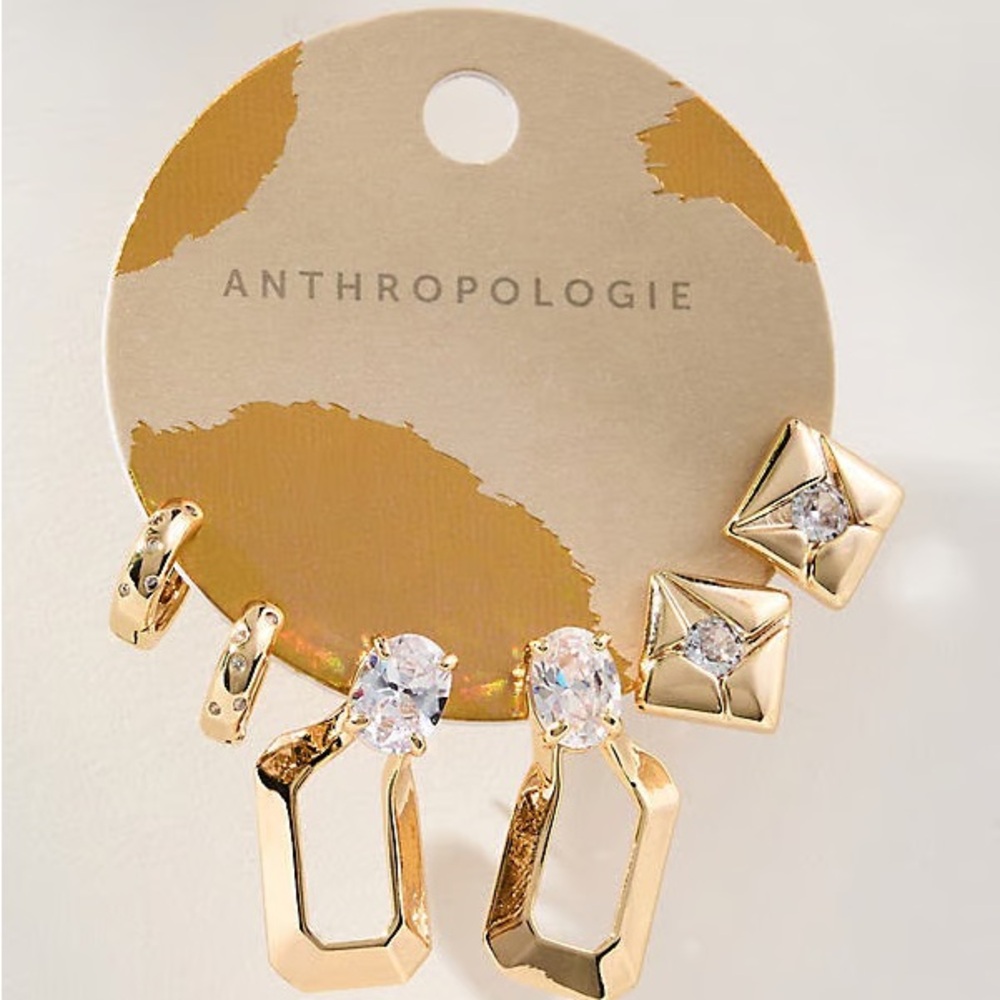Anthropologie Gold Huggie/ Stud Earrings, set of 3 NWT